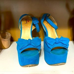 Bright Blue Faux Suede Ankle Strap Accent Bow Platform Heels Size 10